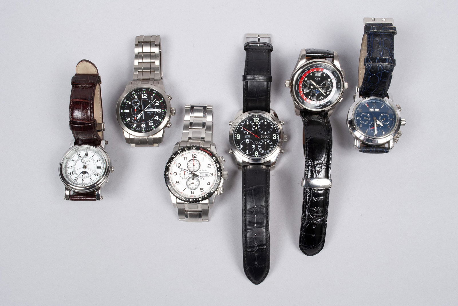 SELECTION OF SIX BULOVA, CTI, AND DAKOTA WATCHES: SELECTION OF SIX BULOVA, CTI, AND DAKOTA WATCHESBulova B4, 98C114, C9601086, tachymeter, link band; Bulova Marine Star 100m, B0, titanium, C860845, 11163988, link band; Dakota Steel, 10ATM Quartz, glo