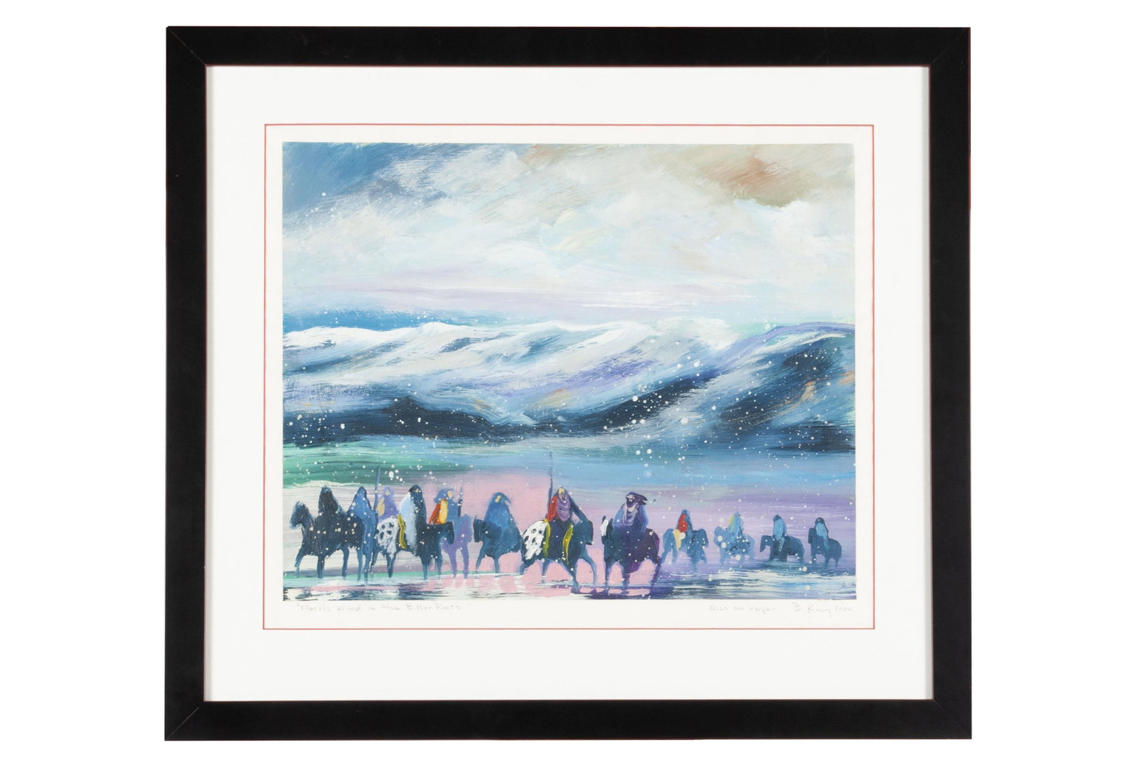 BRUCE KING (ONEIDA, 1950-2019): BRUCE KING (ONEIDA, 1950-2019) North Wind in the Bitter Roots Oil on paper, titled, signed, and dated 2000 along lower edge. Mountainous, jewel-toned scene, a snow flurry speckling an ethereal line of