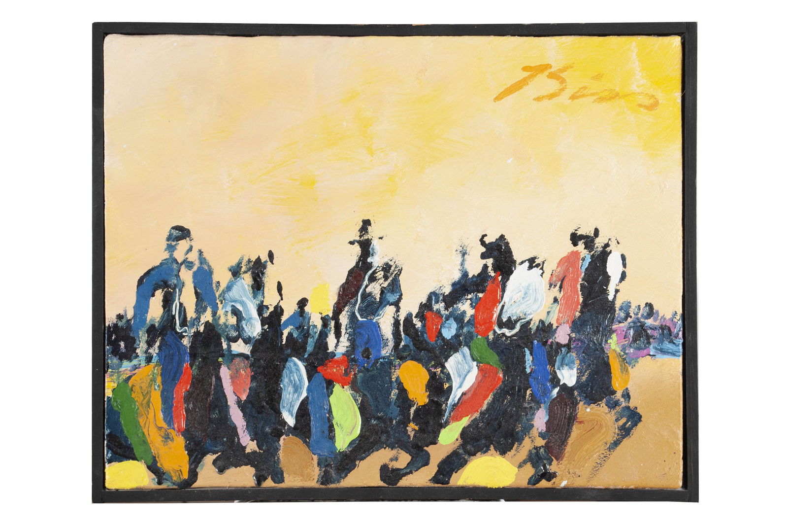 EARL BISS, JR. (AMERICAN, 1947-1998): EARL BISS, JR. (AMERICAN, 1947-1998)Oil on canvas, signed. Multiple figures on horseback against a yellow sky. Sight: 11" height, 14" width; frame: 11.5" height. 14.5" width