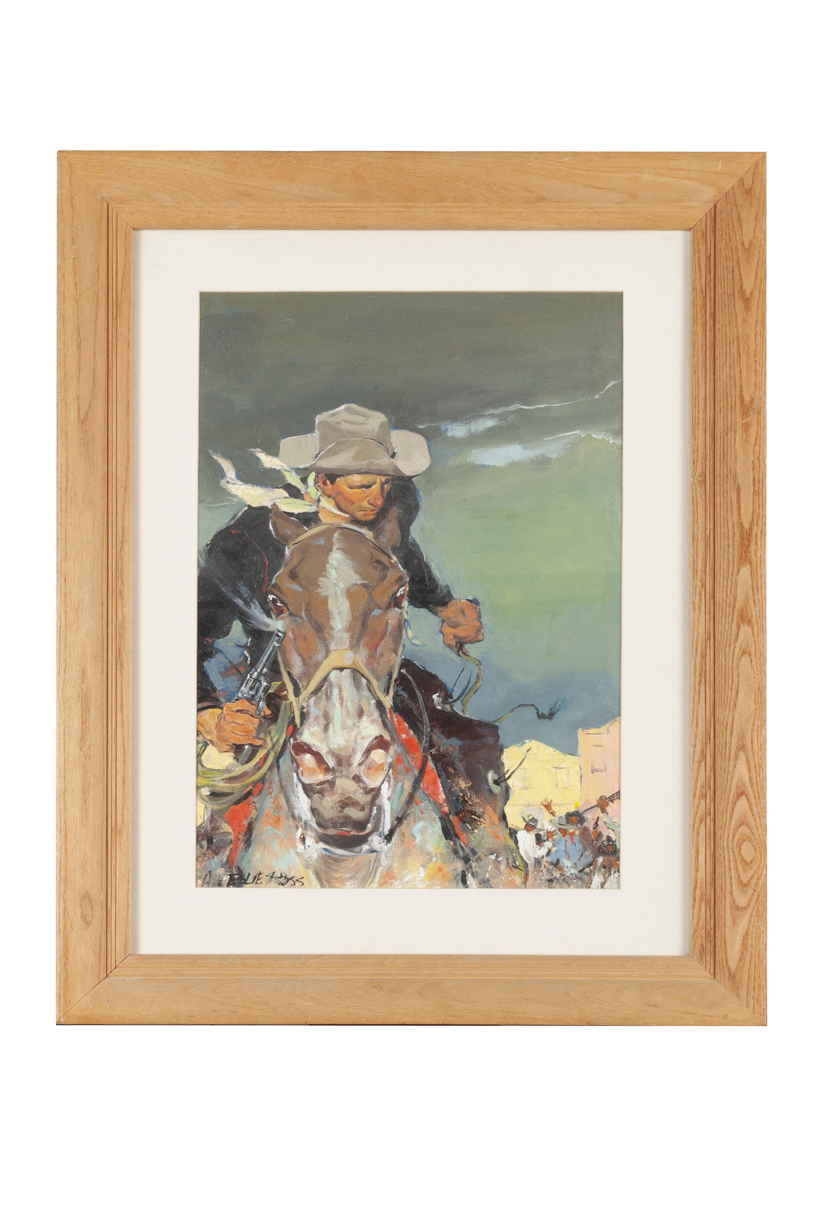 A. LESLIE ROSS (AMERICAN, 1910-1989): A. LESLIE ROSS (AMERICAN, 1910-1989) Oil on canvas, signed lower right. Cowboy on horseback fleeing a shootout. Sight: 19.25" height, 13.25" width; frame: 28" height, 22" width Artist Bio: Arthur Lesl