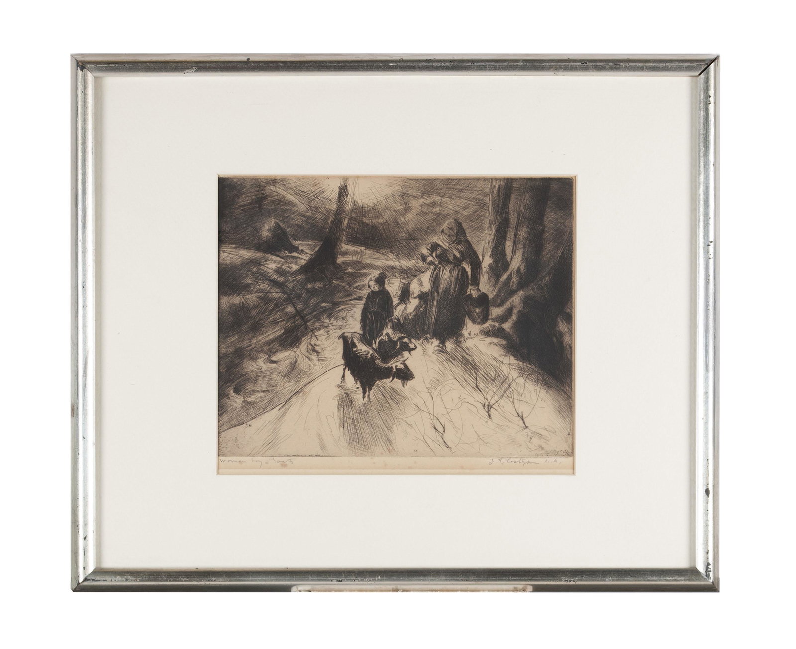 JOHN EDWARD COSTIGAN (AMERICAN, 1888-1972): JOHN EDWARD COSTIGAN (AMERICAN, 1888-1972) Woman, Boy, & Goats Etching on paper, signed lower right and titled lower left. A shepherdess with young boy, both cloaked, travelling down a creek with thei