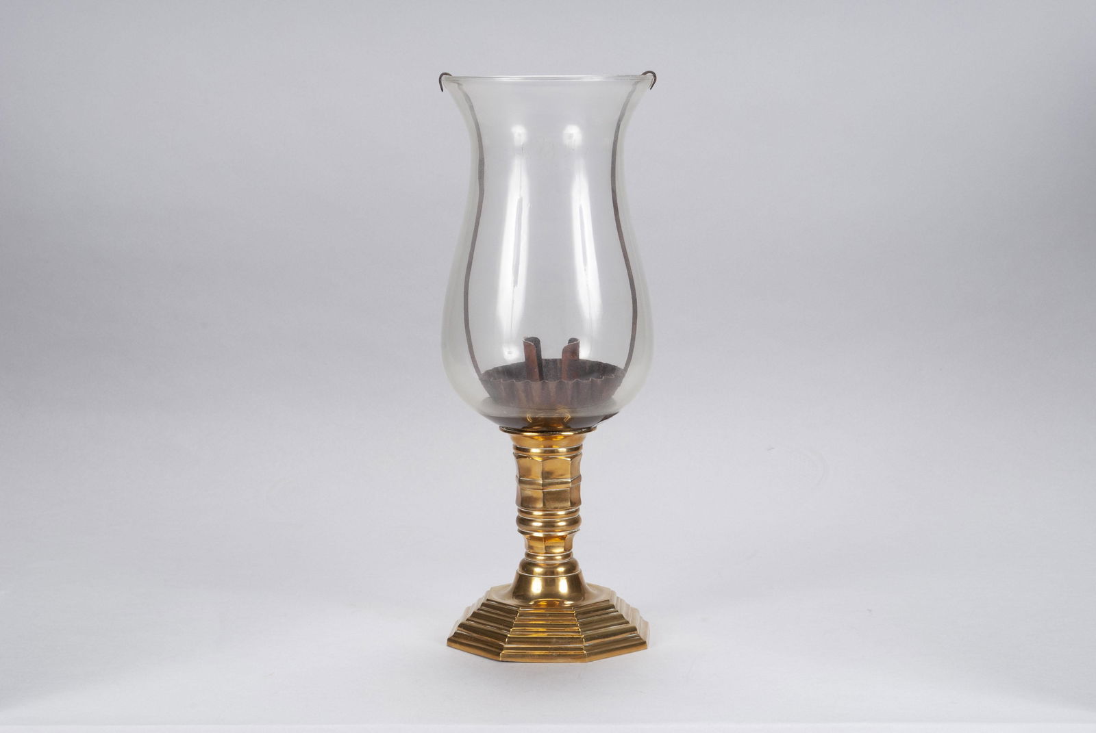 GEORGIAN BRASS CANDLESTICK WITH HURRICANE SHADE (1 of 3)