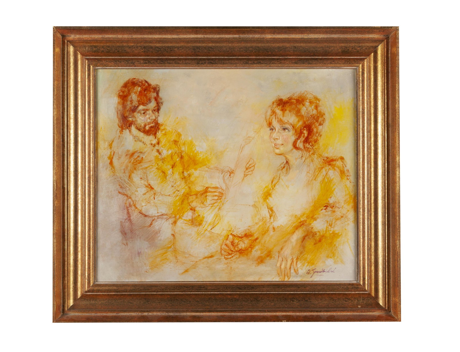 J. GONZALES (AMERICAN / MEXICAN SCHOOL, 20TH CENTURY): J. GONZALES (AMERICAN / MEXICAN SCHOOL, 20TH CENTURY) Oil on canvas, signed lower right. A study of two figures, gilt framed. 18" height, 22" width