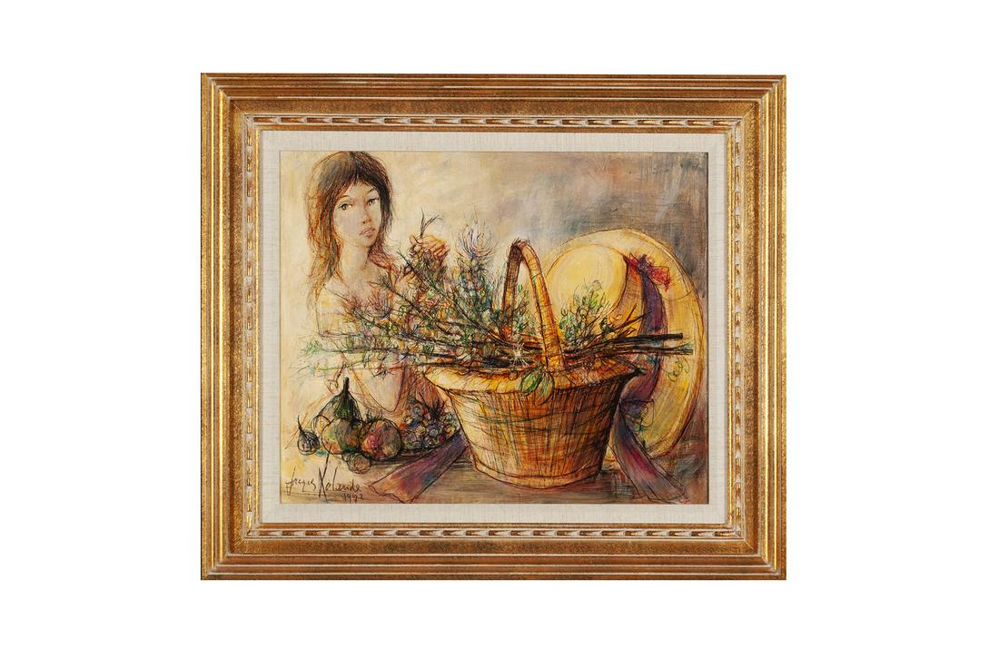 JACQUES LALANDE (FRENCH, B. 1921): JACQUES LALANDE (FRENCH, B. 1921) Oil on canvas, signed and dated 1972 lower left. Still life basket with flowers and young girl sitting aside it, gilt framed. Sight: 18" height, 22" width; frame: 25"