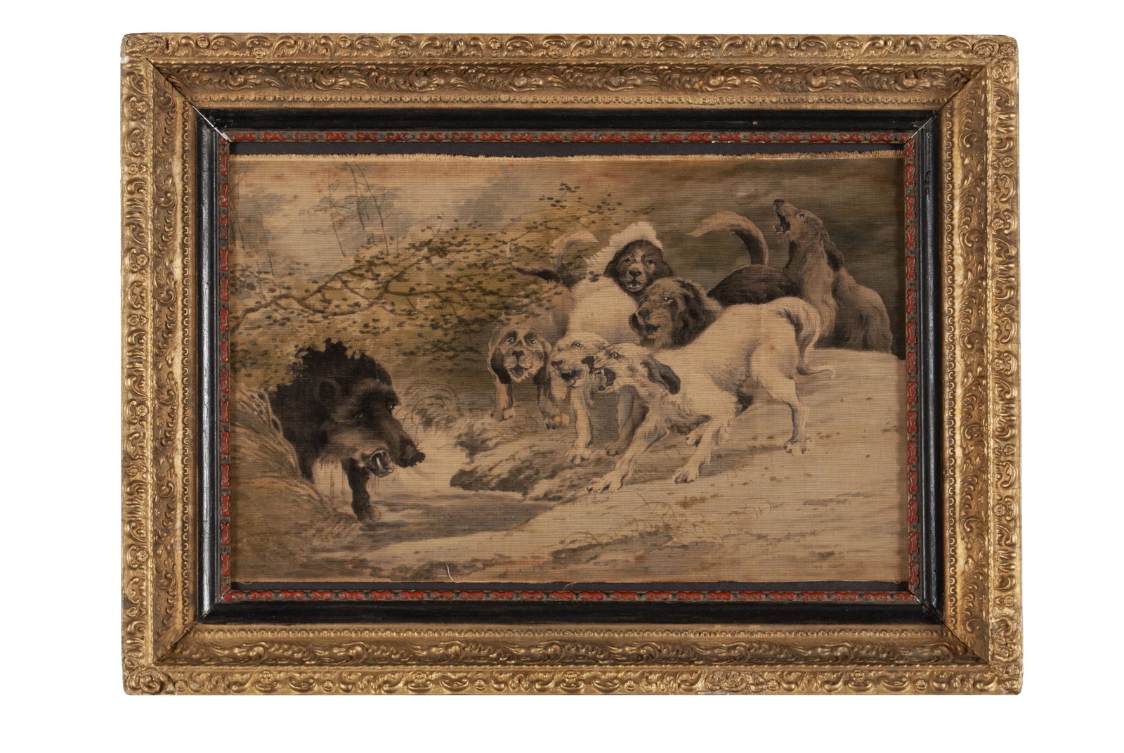 HUNTING SCENE ON SILK: HUNTING SCENE ON SILK Twentieth century, textured and inked raw silk, unsigned. A pack of dogs chasing a boar. Ornate gilt frame. Textile: 11.5" height, 18.25" width; frame: 17.25" height, 23.75" widt