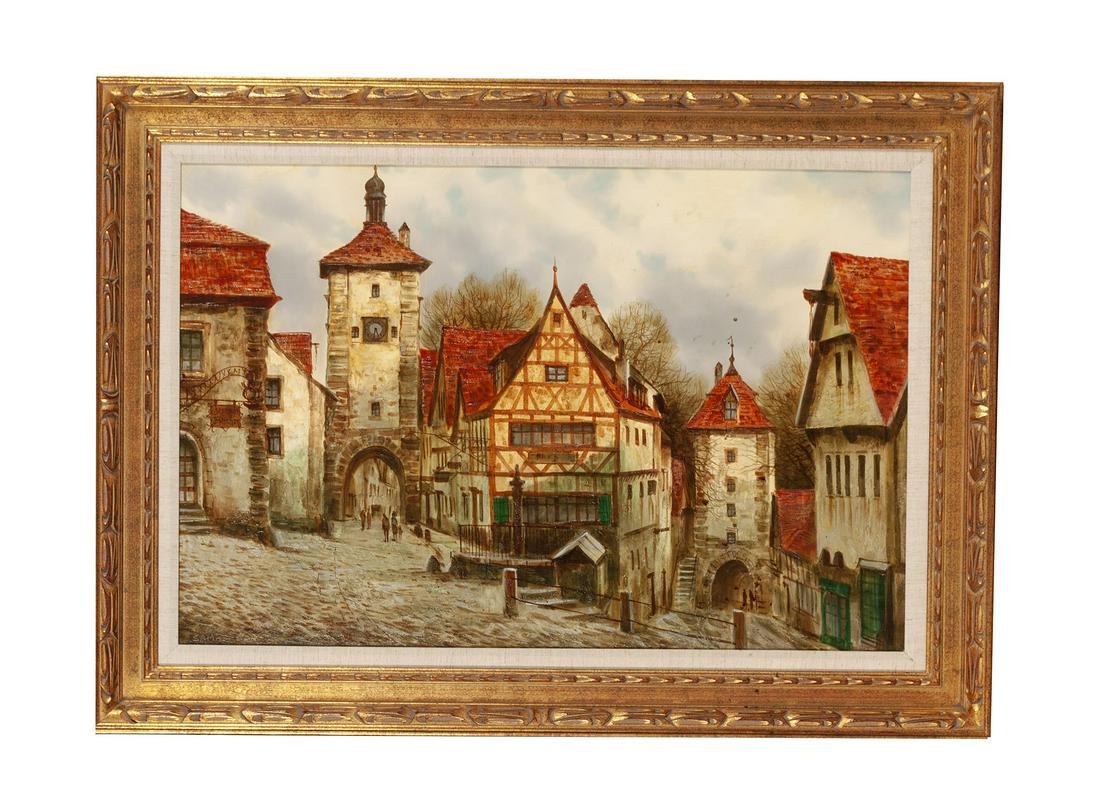 ROTHENBORG SAMBERGER (GERMAN, B. 1929): ROTHENBORG SAMBERGER (GERMAN, B. 1929)Oil on canvas, signed lower left. German village scene, gilt frame. Sight: 24" height, 36" width; frame: 32" height, 44" width