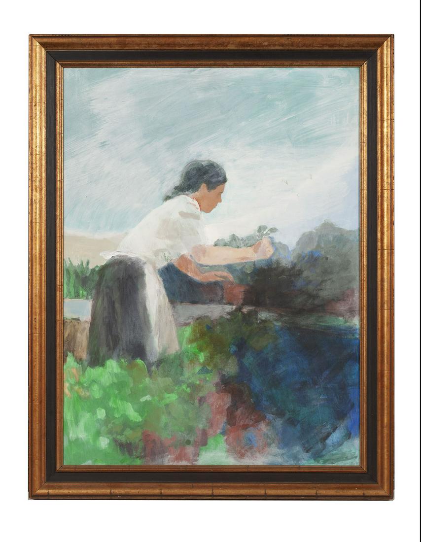 ILA BRUNS (AMERICAN, 1922-1984): ILA BRUNS (AMERICAN, 1922-1984) Gouache on board, St. Louis artist, signed lower right Ila Bruns/Robert Bruns (husband) and dated 6/10/1993. A kneeling girl at work in a garden under a blue sky. Gilt 