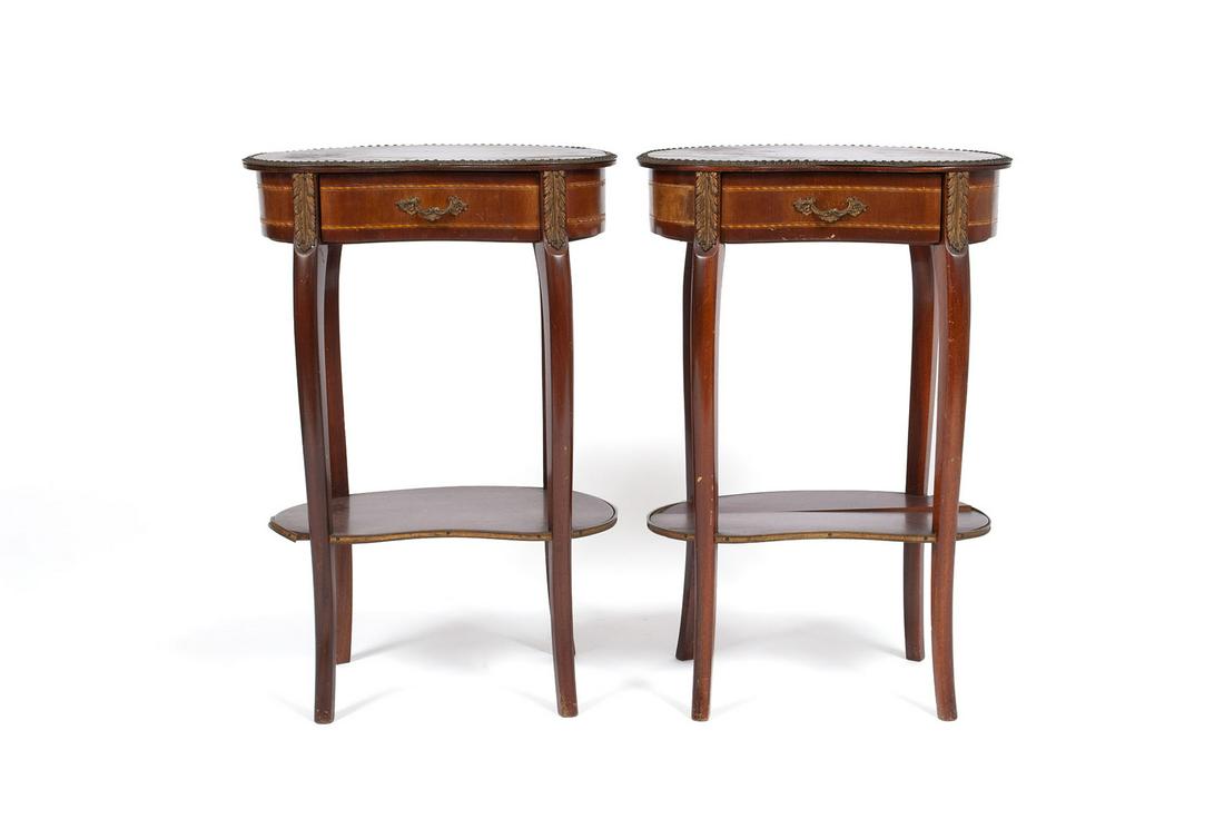 PAIR KIDNEY SHAPED SIDE TABLES: PAIR KIDNEY SHAPED SIDE TABLESContinental, early to mid 20th century. Single drawers and open shelf, brass highlights. 25.5" height