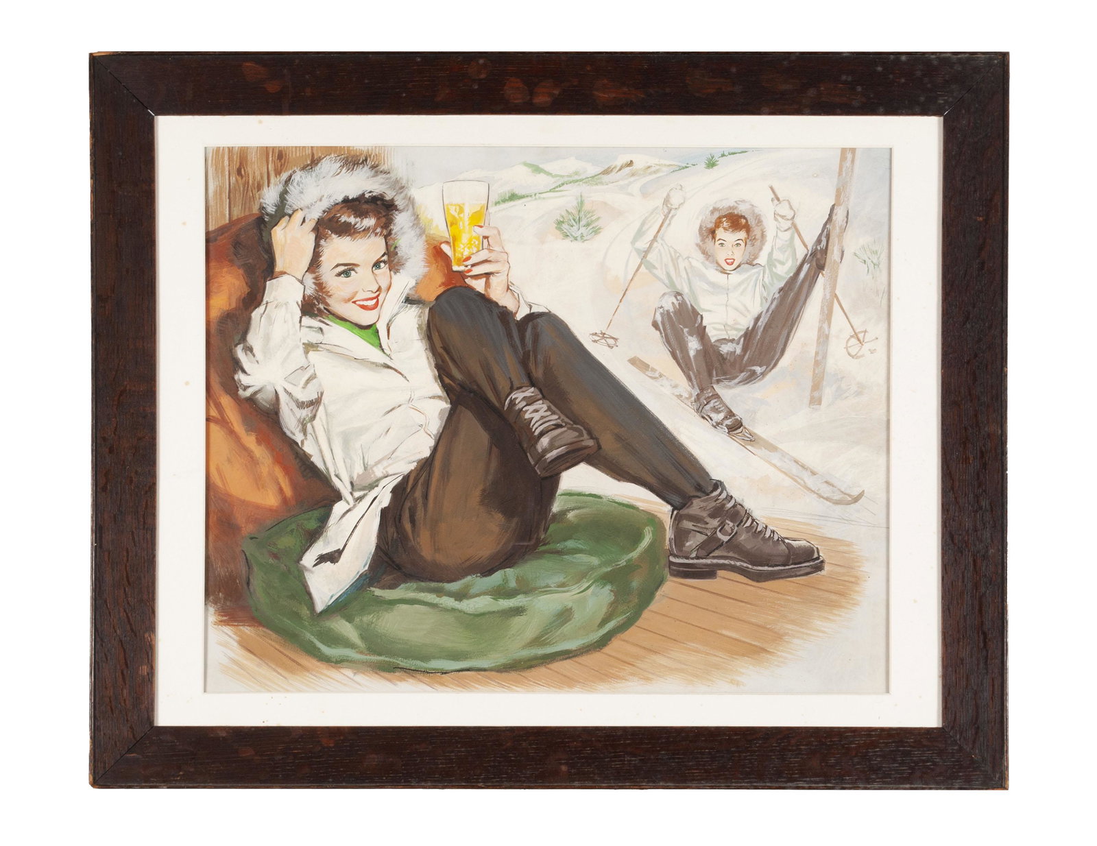 MID CENTURY PINUP BEER ADVERTISEMENT PAINTING: MID CENTURY PINUP BEER ADVERTISEMENT PAINTING Early to mid-20th century. Gouache on board, no apparent signature. Woman enjoying a beer in the foreground and skiing in the background. Sight: 16.5" hei