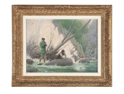 FRANK VINCENT DUMOND (AMERICAN, 1865-1951): FRANK VINCENT DUMOND (AMERICAN, 1865-1951)The Ledge Pool or Salmon FishingOil on wood panel, signed lower right. Two gentlemen figures pursue a salmon off a rocky lakeshore, rendered in soft peach, ja