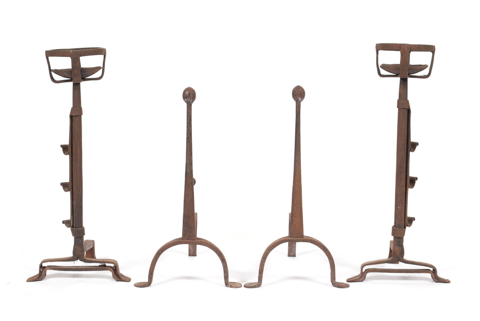 TWO PAIRS OF WROUGHT IRON ANDIRONS: TWO PAIRS OF WROUGHT IRON ANDIRONS Nineteenth century. The taller in the Arts and Crafts style, the shorter in the Neoclassical style with ball finials Taller: 16" height, 11.5" width, 10" depth; shor