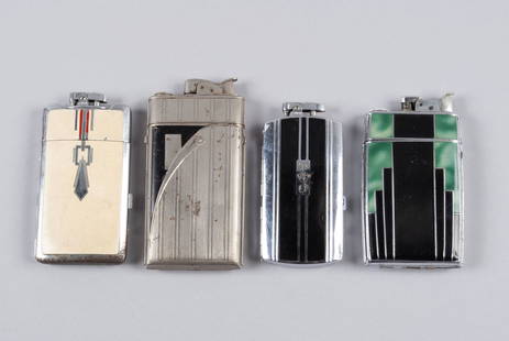 FOUR ART DECO CIGARETTE CASE LIGHTERS: FOUR ART DECO CIGARETTE CASE LIGHTERSMid-century. Two Evans examples and two Ronson "Smart-Set" examples, all silver with Art Deco style inlay and hinged, cigarette case bodies. Largest: 4.75" length