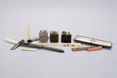 ASSORTED SMOKING ACCOUTREMENTS: ASSORTED SMOKING ACCOUTREMENTSEleven total pieces, including a Clark Lighter in 18k gold electroplate, leather wrapped and hallmarked to underside; a Mayfair ebonized lighter; and one additional Art D