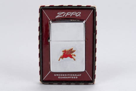 ZIPPO MOBIL OIL ADVERTISING LIGHTER: ZIPPO MOBIL OIL ADVERTISING LIGHTERAmerican, mid-20th century. Promotional lighter with iconic red Pegasus, for Mobil in original Windproof box, No. 200 Brush Finish, with "Zippo; Bradford PA." label