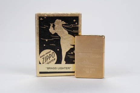 IN BOX ZIPPO SPECIAL EDITION U.S.S. IOWA BB-61: Solid brass lighter in box with packaging, commemorating the USS Iowa, commissioned Feb 22, 1943 /Aug 25, 1951 / April 28, 1984. Box: 3.25" height, 2.25" width