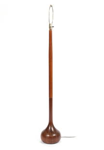 ROBERT WORTH STYLE MID CENTURY MODERN FLOOR LAMP: ROBERT WORTH STYLE MID CENTURY MODERN FLOOR LAMPAmerican, mid- to late- 20th century, wood. Bulbous form base. 58.75" height