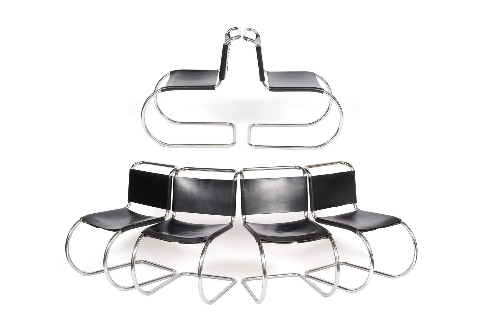 SET OF SIX MIES VAN DER ROHE KNOLL TUBULAR LEATHER STRAPPED SIDE CHAIRS (1 of 10)