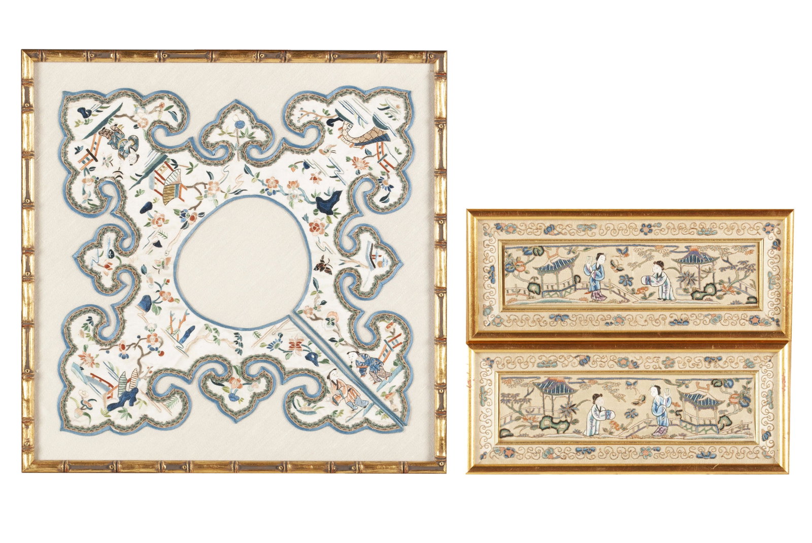 CHINESE SILK EMBROIDERY TRIO: CHINESE SILK EMBROIDERY TRIO Consisting of a collar, finely embroidered with peach blossoms and garden scenes with figures, with a dark green and royal blue trim to the trefoil-patterned edge; togethe