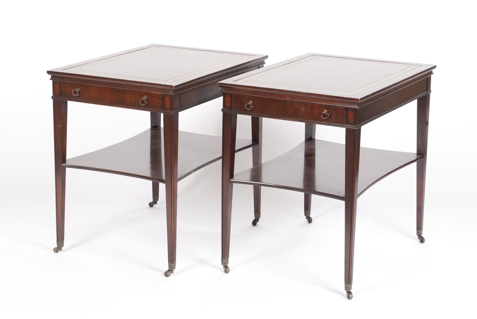 PAIR OF MAHOGANY LEATHER INSET END TABLES (1 of 6)