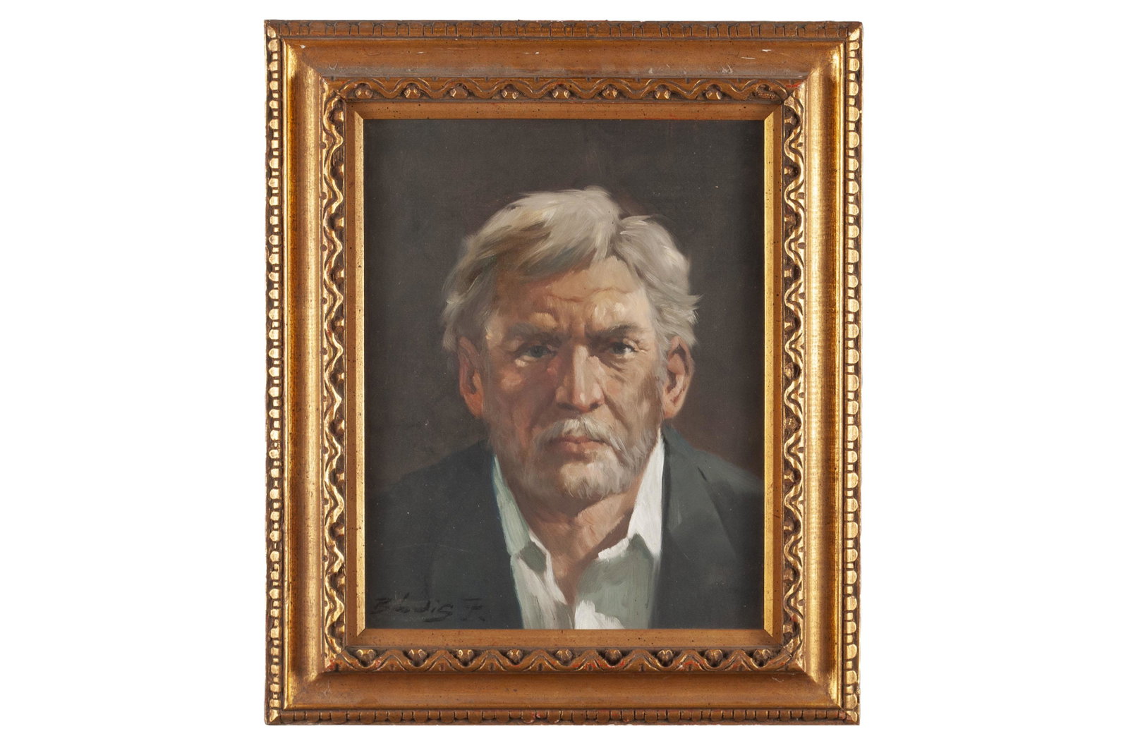 JOSEF BODIS (HUNGARIAN, 20TH CENTURY): JOSEF BODIS (HUNGARIAN, 20TH CENTURY) Oil on canvas, signed front and back. Portrait of a gentleman with grey hair and mustache. Gilt frame. Sight: 20" height, 16" width; frame: 27" height, 23" width