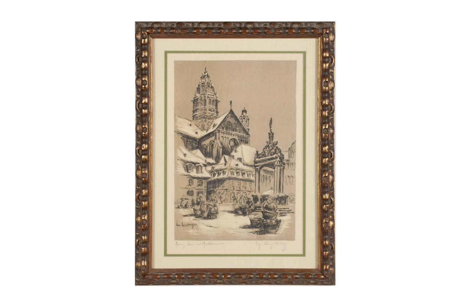 GERMAN STREET SCENE: GERMAN STREET SCENEMAINZ DAM UND MARKTBRUNNENWoodblock, signed illegibly and titled along the bottom margin. Showing the fountain in Mainz, matted behind glass, gilt frame. Impression: 14.25" height,