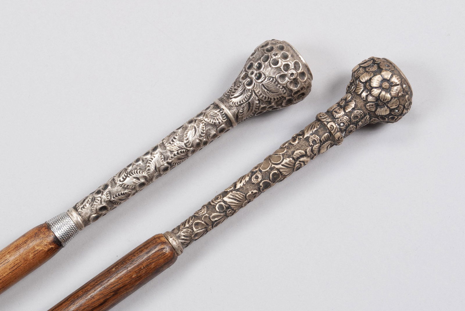 PAIRING OF REPOUSSE SILVER MOUNTED WALKING STICKS/CANES (1 of 10)