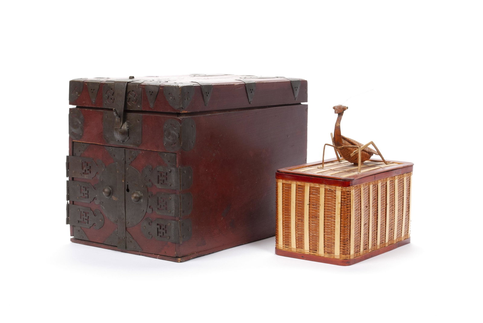 PAIR OF EARLY CHINESE REPUBLIC BOXES: PAIR OF EARLY CHINESE REPUBLIC BOXES One a wicker, tabletop lidded box with figural, wicker-constructed grasshopper with glass eyes, label within; the other a red lacquer, compartmentalized box with h