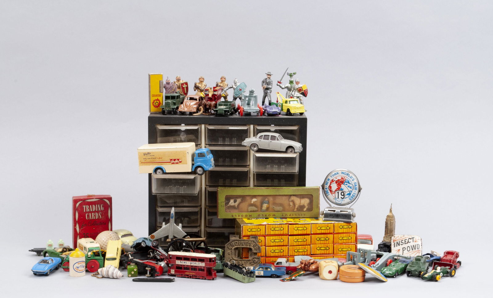 COLLECTION OF TOY CARS, SOLDIERS AND OTHER COLLECTIBLES WITH ACRO-MILLS, OH TABLE TOP FILE CABINET (1 of 6)