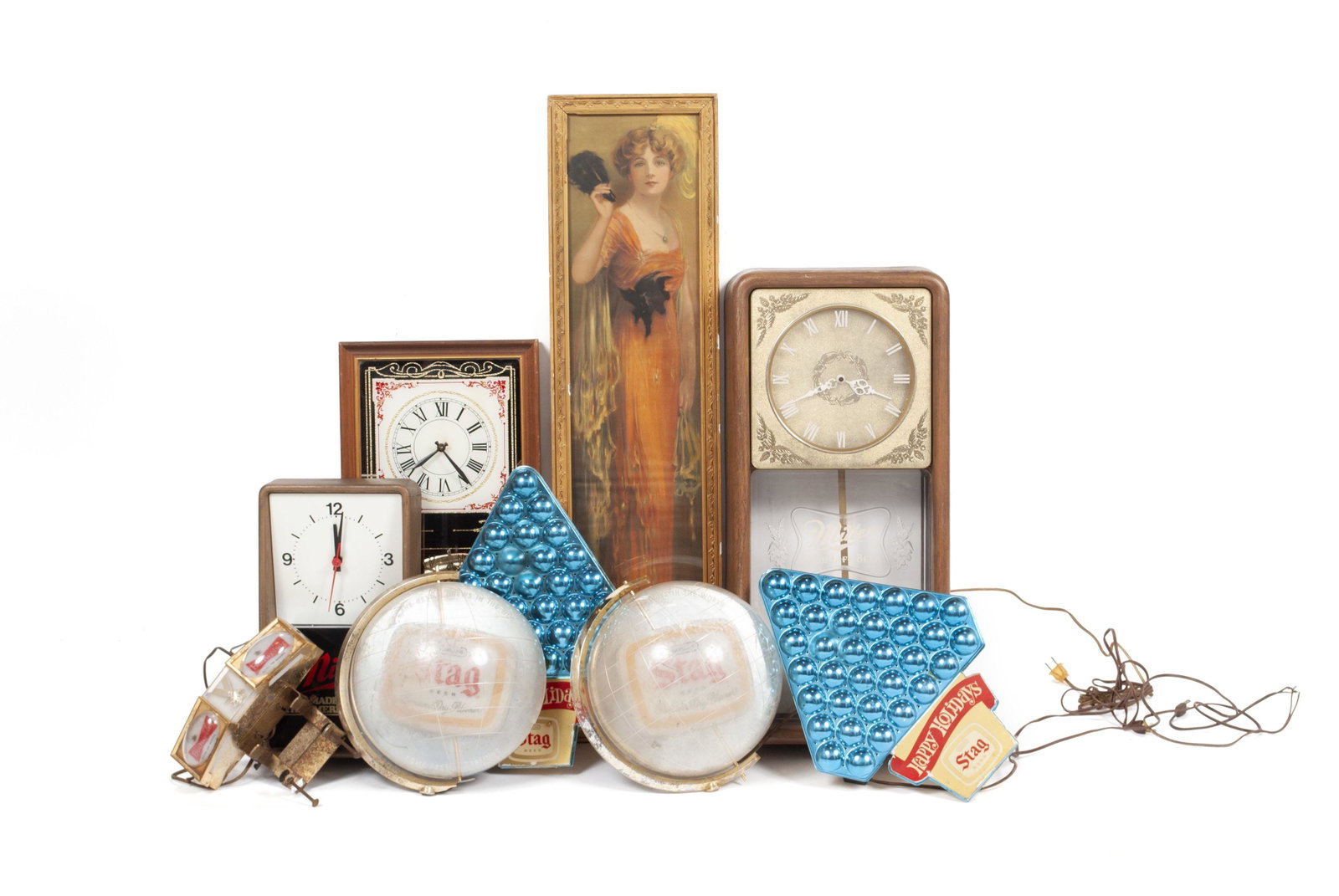 VINTAGE BEER ITEMS INCLUDING BUDWEISER, PABST, MILLER AND STAG: VINTAGE BEER ITEMS INCLUDING BUDWEISER, PABST, MILLER AND STAG Nine pieces including a Pabst 1914 beer girl poster, the backside advertising for "Pabst Extract - Nature's First Aid to Beauty" with a 1
