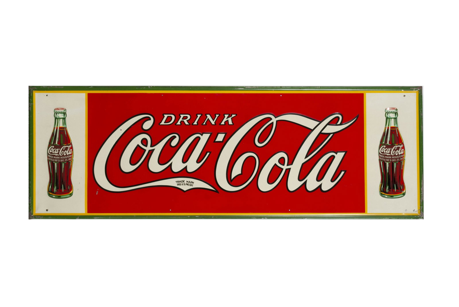 COKE ADVERTISING SIGN: COKE ADVERTISING SIGN Relief decoration in pressed metal, reading "Drink Coca-Cola" showing a Coke bottle at both ends. 18" height, 54" length