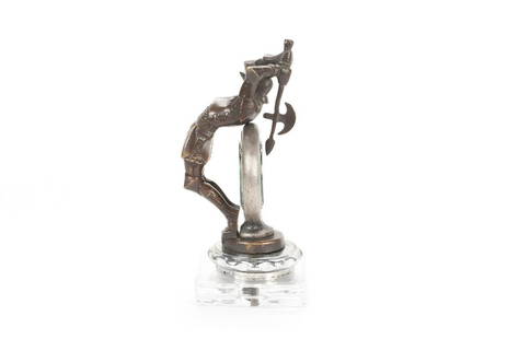 HOOD ORNAMENT MASCOT BY MAURICE GUIRAUD-RIVIERE (FRANCE 1881-1947): HOOD ORNAMENT MASCOT BY MAURICE GUIRAUD-RIVIERE (FRANCE 1881-1947)"Du Guesclin", unsigned, bronze, France, ca. 1920s. Full length statue of the 14th century Constable of France, bending back swinging