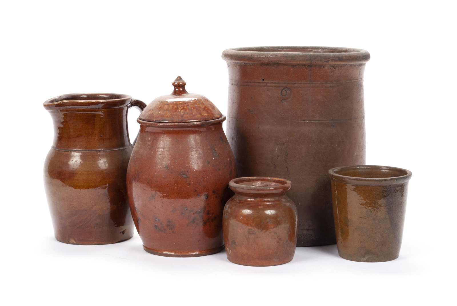 FIVE PIECES BROWN GLAZED POTTERY (1 of 4)