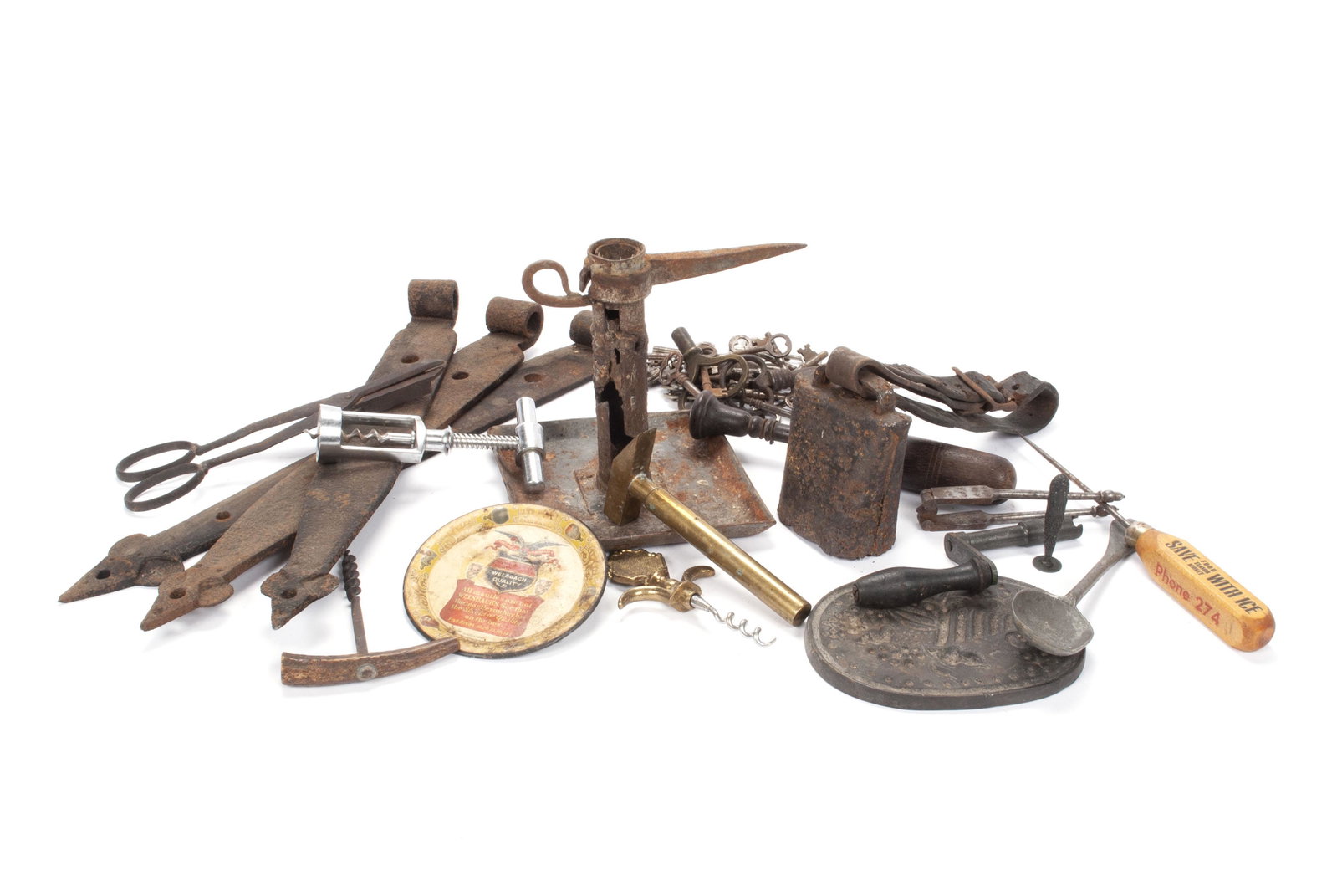 COLLECTION OF IRON SKELETON KEYS AND ANTIQUE TOOLS: COLLECTION OF IRON SKELETON KEYS AND ANTIQUE TOOLS American and English, 18th-19th century. Including over twenty-five skeleton keys together with various primitive tools, bottle screws, hinges, minin
