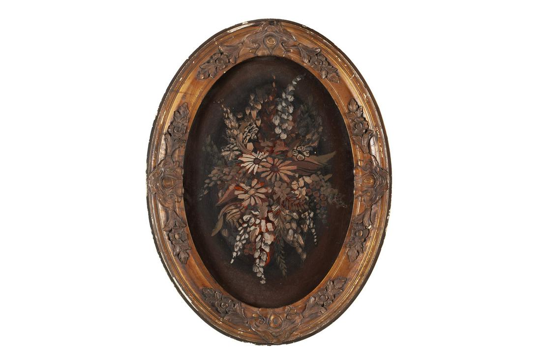 OIL STILL LIFE OF FLOWERS (AMERICAN SCHOOL, 19TH CENTURY): OIL STILL LIFE OF FLOWERS (AMERICAN SCHOOL, 19TH CENTURY) Oil on board, unsigned, in likely original gilt oval frame. Cluster of colorful florals on dark ground. Sight: 18.5" height, 12.5" width; fram