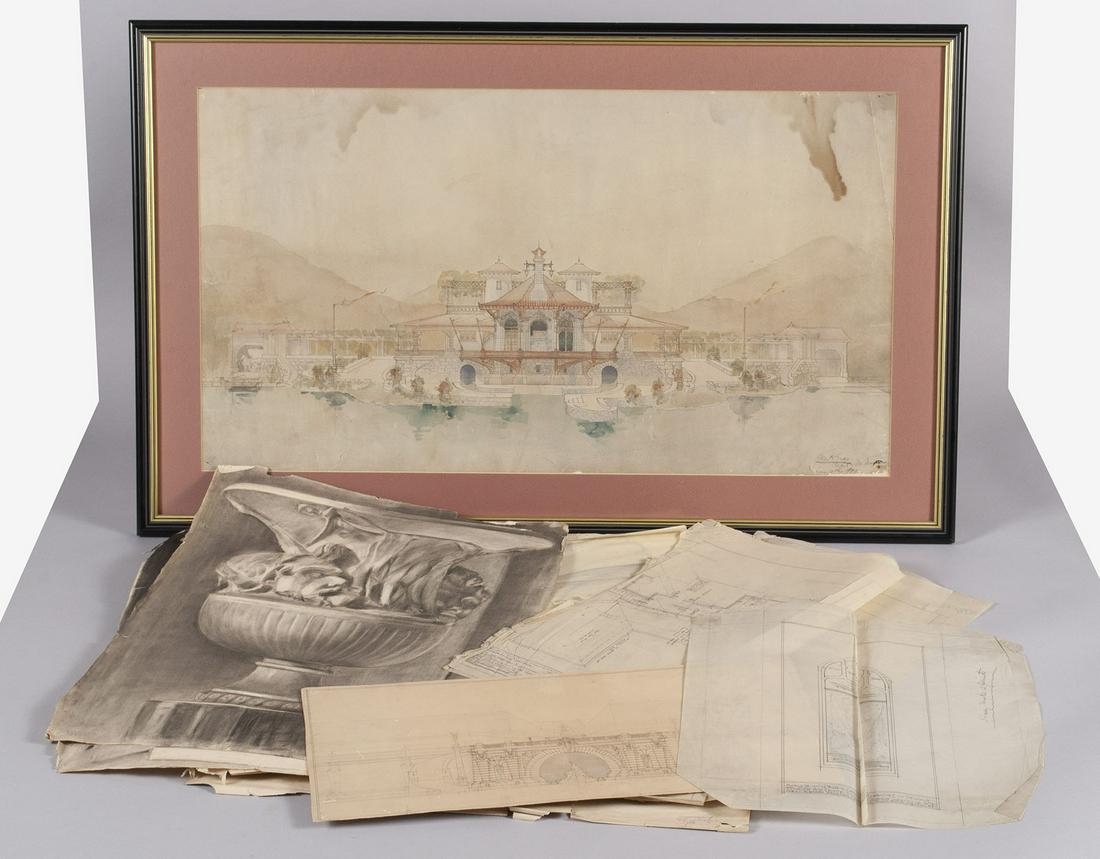 DRAWINGS AND ARCHITECTURAL RENDERINGS BY GEORGE H. GRAY AND OTHERS OF HIS FIRM: DRAWINGS AND ARCHITECTURAL RENDERINGS BY GEORGE H. GRAY AND OTHERS OF HIS FIRMDated 1909, 1914 - 1916 and 1922 on blueprints, with drawing signed "GRAY". Some blueprints are for the home of American A