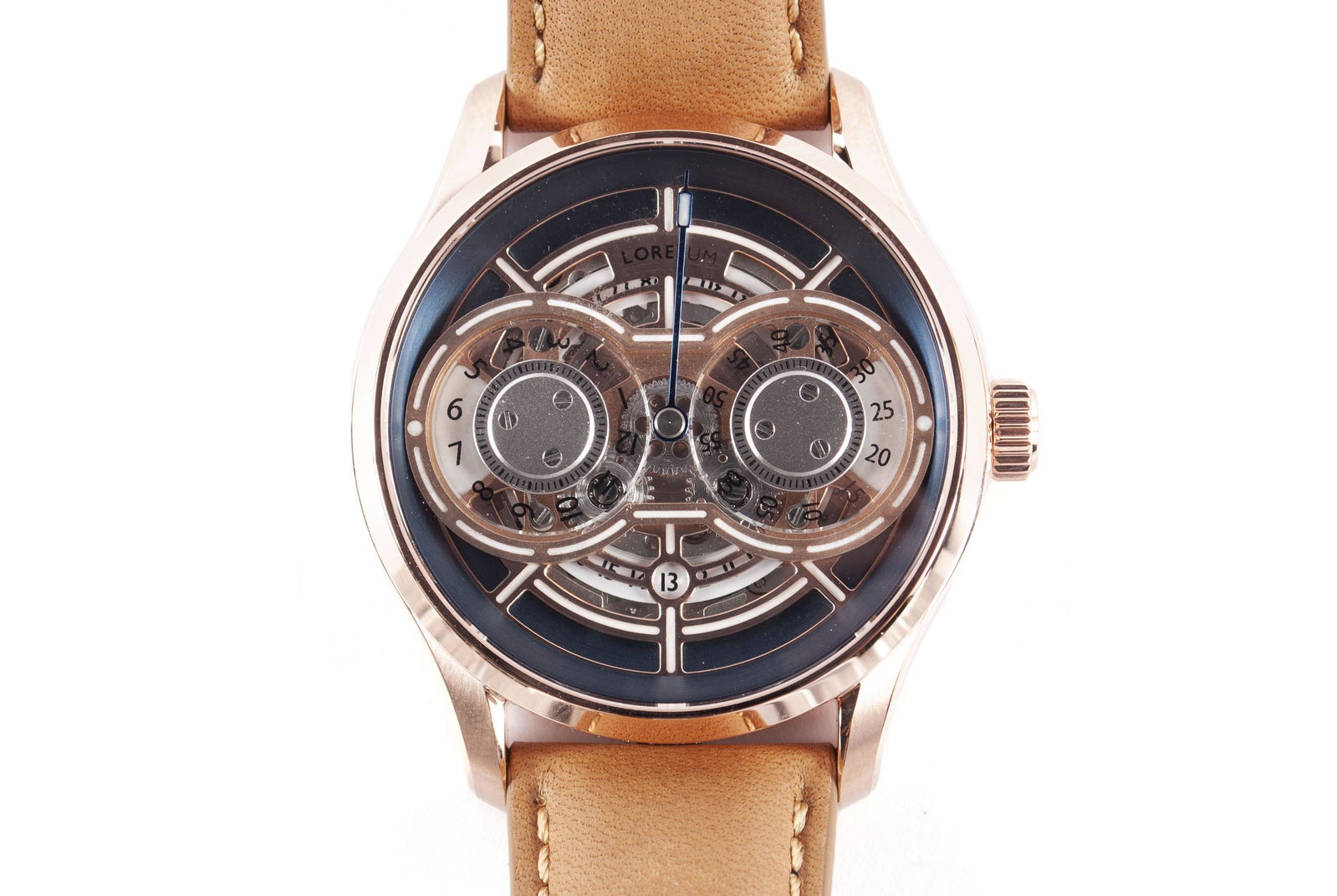 LORESUM WATCH: LORESUM WATCH Model LS01-RG, serial number 12 -limited to less than 100, 1st edition released thru Kickstarter sapphire crystal, transparent backing. Rose gold casing with tan leather strap. In origin