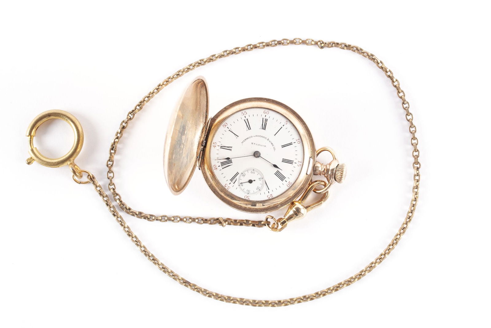AMERICAN WALTHAM WATCH CO. POCKET WATCH: AMERICAN WALTHAM WATCH CO. POCKET WATCHFace with "Mermod - Jaccard & King Co. - St. Louis" and second hand subsidiary dial over the VI position. Case marked "Keystone" and "J. Boss" to the interior, m