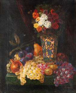 EDWARD LADELL (ENGLISH, 1821-1886): EDWARD LADELLEnglish, 1821-1886Oil on canvasSigned lower right. Still life with flower-filled vase and fruit, gilt-framed.About the artist: Edward Ladell (British, 1821-1886) was known for his still-l