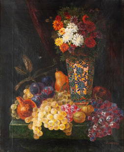 EDWARD LADELL (ENGLISH, 1821-1886): EDWARD LADELL English, 1821-1886 Oil on canvas Signed lower right. Still life with flower-filled vase and fruit, gilt-framed. About the artist: Edward Ladell (British, 1821-1886) was known for his