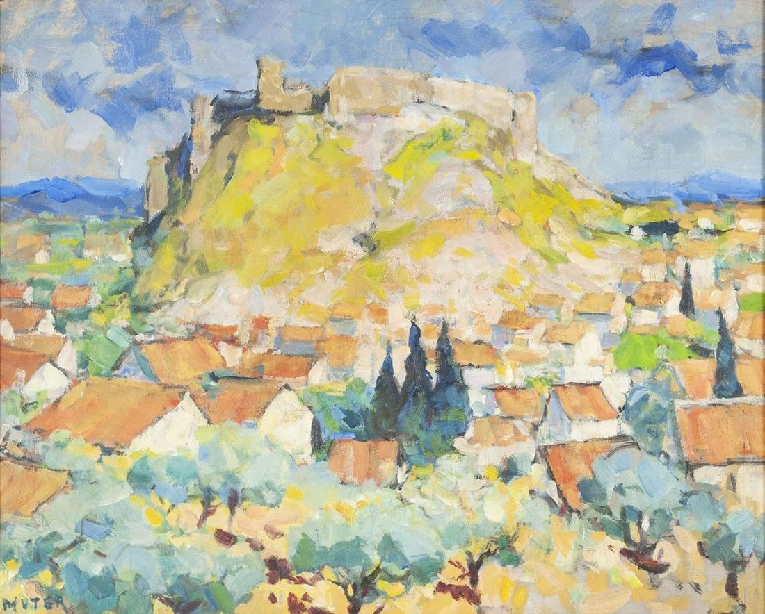 MELA MUTER (POLISH, 1886-1967): MELA MUTERPolish, 1886-1967Villeneuve-les-AvignonOil on canvasSigned lower left. Vibrant and mountainous landscape on a clear day showing the powerful influence of Paul Cezanne. Gilt frame.About the a
