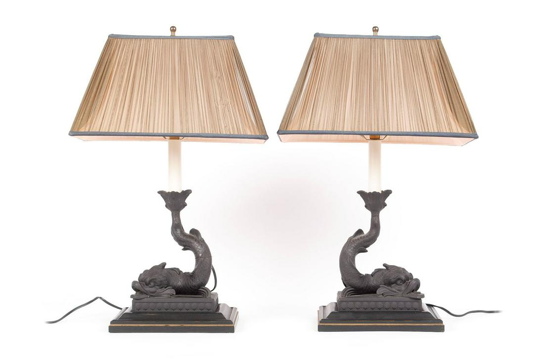 PAIR OF WEDGWOOD BASALT DOLPHIN TABLE LAMPS (1 of 8)