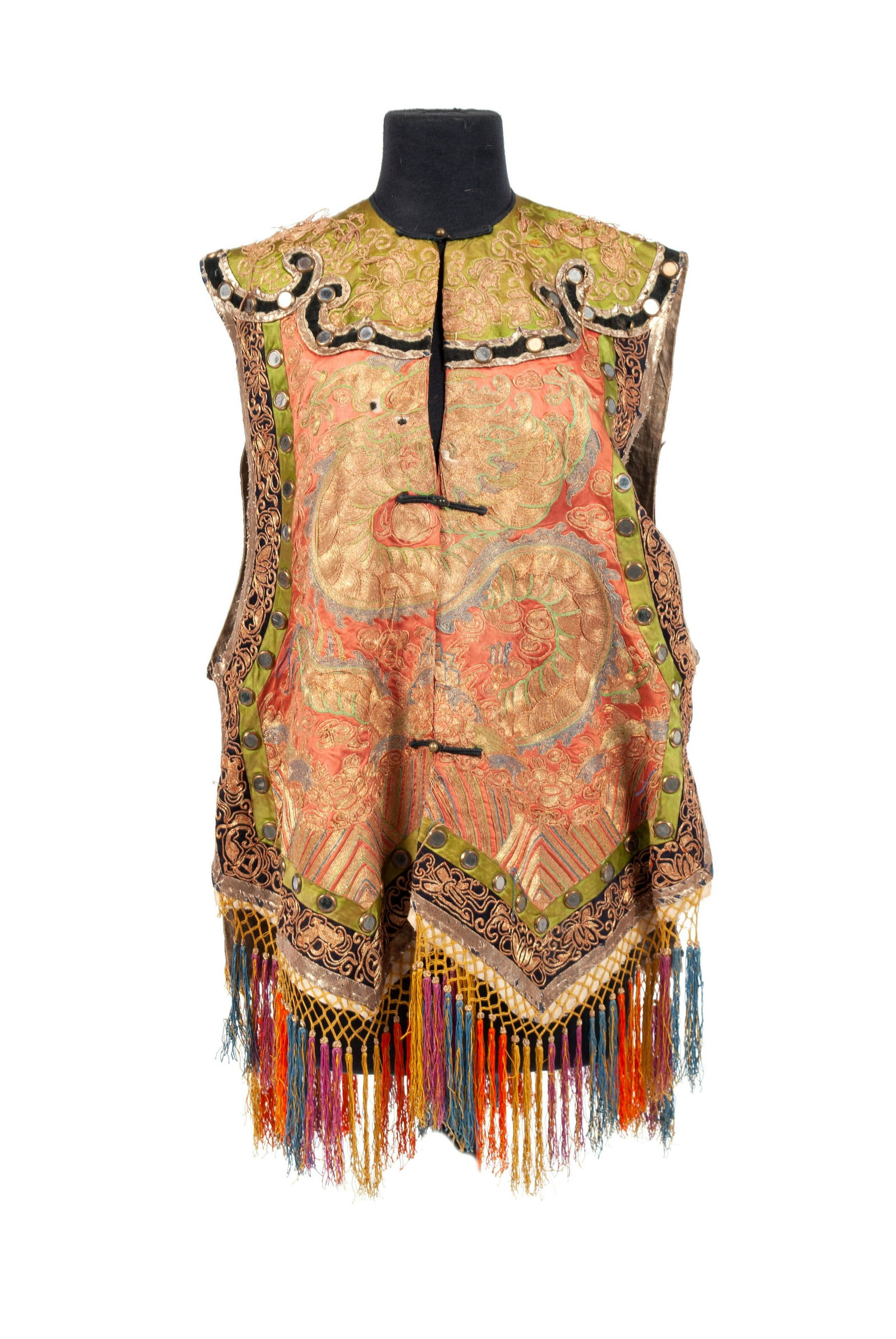 LATE QING DYANASTY CHINESE EMBROIDERED SILK VEST: CHINESE EMBROIDERED SILK VEST Likely Tibetan, late 19th - early 20th century. Containing embroidered dragon in the front and a phoenix in the back. Features multicolored tassels to hem. 33" lengt