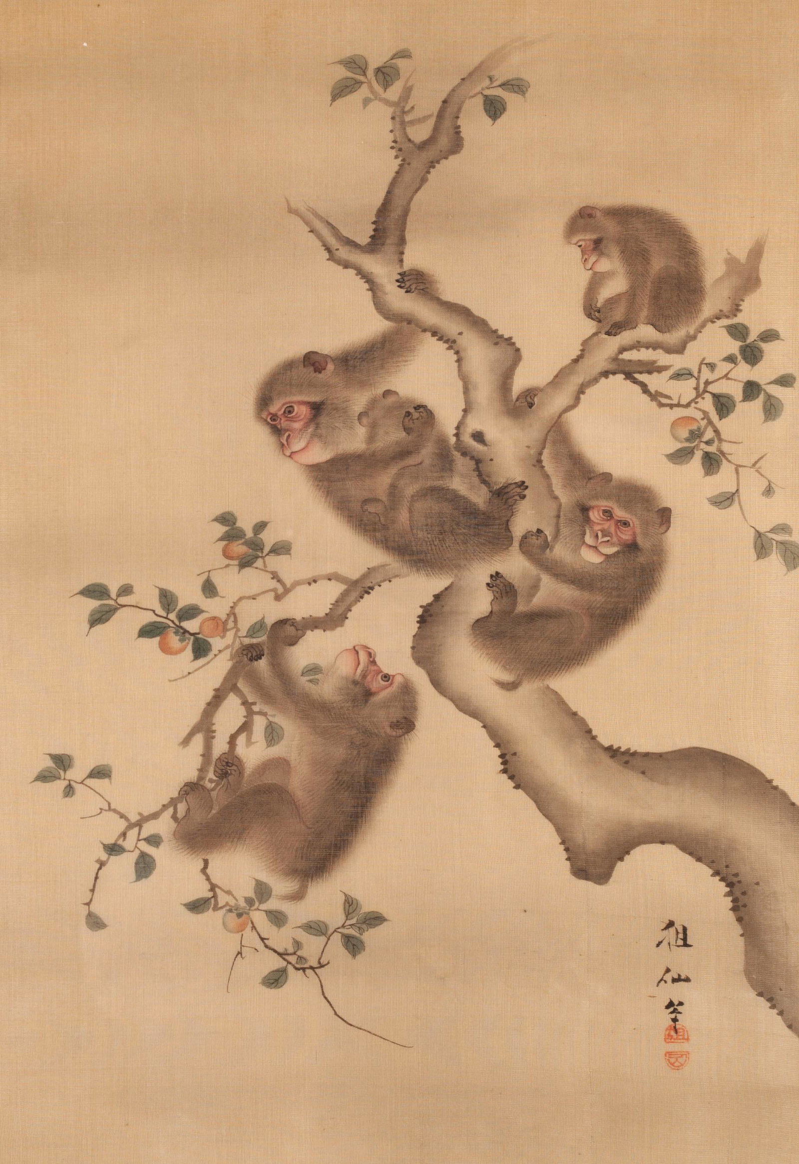 AFTER MORI SOSEN (JAPANESE, 1747-1821): MORI SOSEN Japanese, 1747-1821 Ink on silk Signed and seal stamped lower right. Monkey family in persimmon tree; the reverse bearing the label of Yamanaka & Company, Chicago. Silk matting behind glass