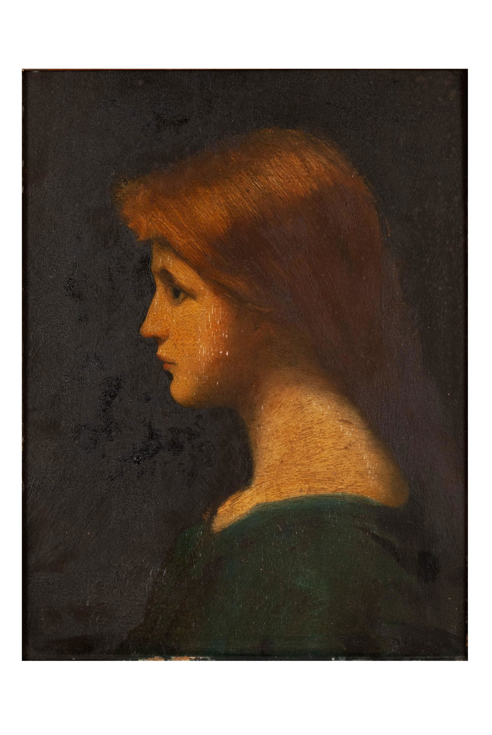 JEAN-JACQUES HENNER (FRENCH, 1829-1905): JEAN-JACQUES HENNERFrench, 1829-1905Oil on boardNo discernible signature, artist's name in plaque to the frame. Portrait of a young, golden-haired woman in profile. Decorative and elaborate gilt frame
