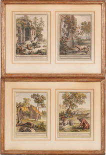 JEAN DE LA FONTAINE (FRENCH, 1621-1695): JEAN DE LA FONTAINEFrench, 1621-1695Fables ChoisesEngravingFour engravings from the illustrated books published from 1755-1759, each hand colored, framed and matted in 2 frames.12 x 9 in. (30.48 x 22.