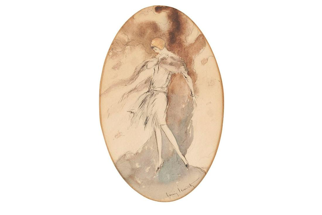 LOUIS ICART (FRENCH, 1888-1950): LOUIS ICARTFrench, 1888-1950AutumnWatercolor on paperSigned lower right. An elegant woman wearing pierrot attire stands by a bare tree, her scarf and dress blowing in the autumn wind. Set behind glass