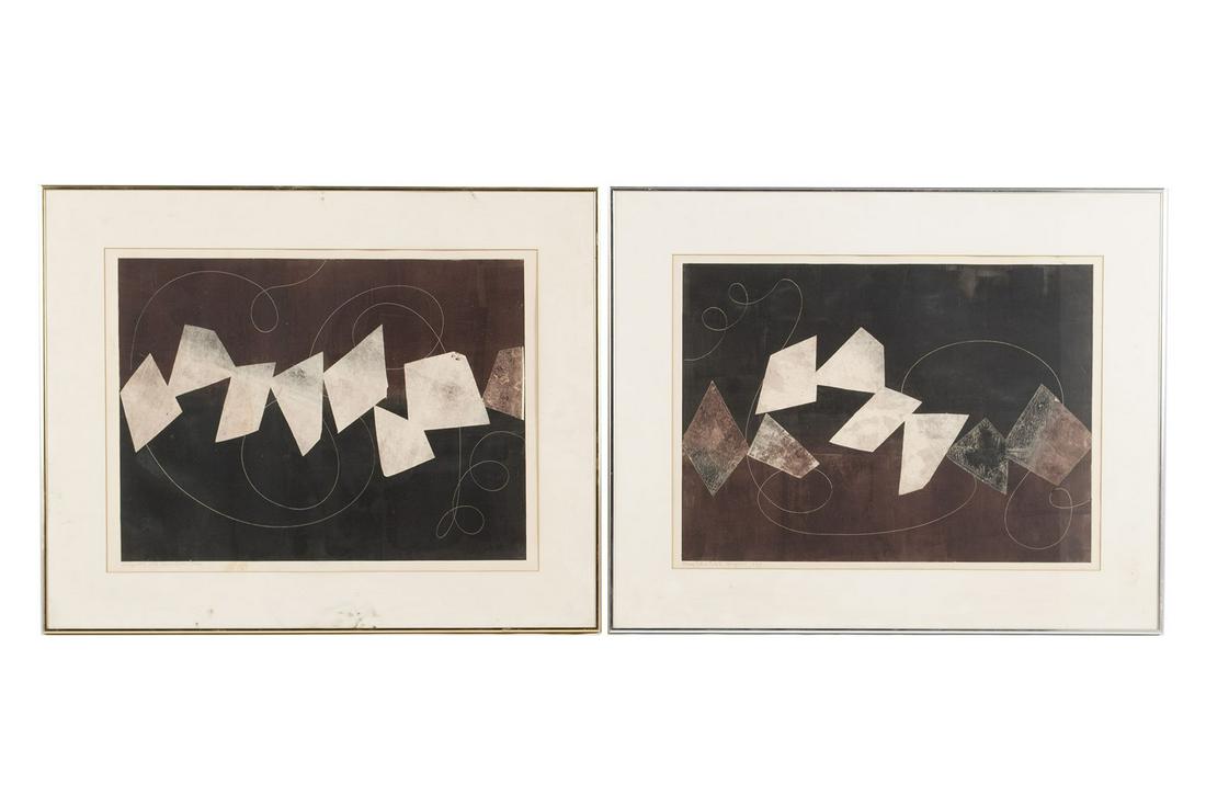 MARGERY DODSON IMSTER (AMERICAN, 1923-2011): MARGERY DODSON IMSTER American (St. Louis), 1923-2011 Monoprint Companion lithographs Hand signed, titled, and dated 1978/1979 lower left. Both monochromatic and geometric renderings on black grounds.
