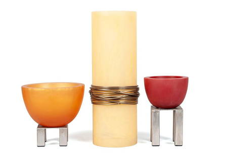 MARTHA STURDY (CANADIAN, B. 1943): MARTHA STURDY (CANADIAN, B. 1943)Three resin sculptures with the artist's gilt medallion embedded underfoot. One orange bowl, one red bowl, and one beige and copper cylindrical vase.Vase: 17.40 in. (4