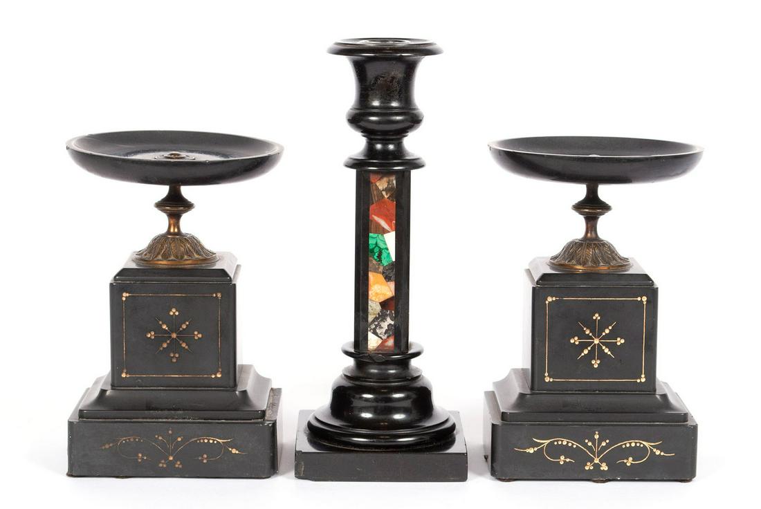PAIR OF POLISHED SLATE TAZZAS AND A CANDLESTICK (1 of 4)