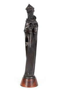 JEAN LAMBERT-RUCKI (FRENCH, 1888-1967): JEAN LAMBERT-RUCKIFrench, 1888-1967St. PeterBronzeSigned, the rosewood base bearing a label: Cheret 8 r. du Vieux Colombier Paris. Stylized, full figure of the saint presenting oversized skeleton key.